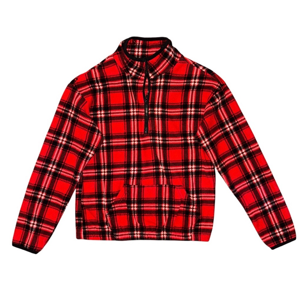 Bobbie Brooks red long sleeve plaid quarter zip sweater with front pocket